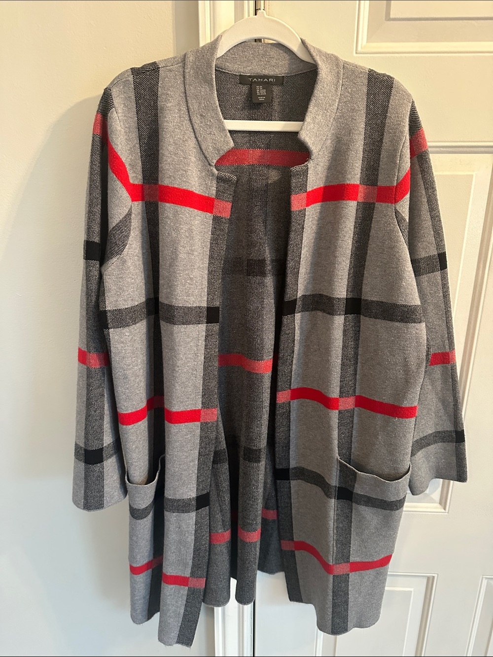 Tahari Gray Plaid Open Cardigan Jacket with Red Stripes